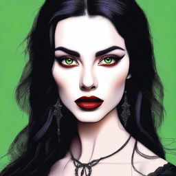 A top-notch digital art image captures a young woman with deep green eyes and black hair