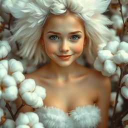 A whimsical portrait of a woman with budgie features, her hair styled to resemble fluffy feathers in white with hints of blue on her stomach