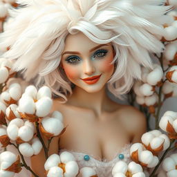 A whimsical portrait of a woman with budgie features, her hair styled to resemble fluffy feathers in white with hints of blue on her stomach