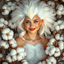 A whimsical portrait of a woman with budgie features, her hair styled to resemble fluffy feathers in white with hints of blue on her stomach