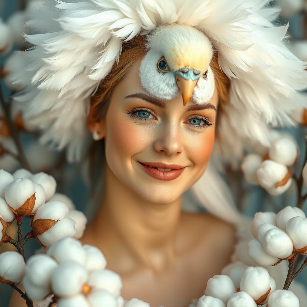 A whimsical portrait of a woman with budgie features, her hair styled to resemble fluffy feathers in white with hints of blue on her stomach