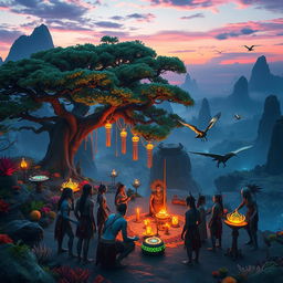 A high-fantasy sci-fi scene inspired by 'Avatar 3', showcasing the lush alien landscapes of Pandora, with floating mountains, vibrant bioluminescent flora, a large, majestic tree with glowing leaves, and various exotic creatures such as flying wildlife and large, dinosaur-like animals