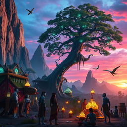 A high-fantasy sci-fi scene inspired by 'Avatar 3', showcasing the lush alien landscapes of Pandora, with floating mountains, vibrant bioluminescent flora, a large, majestic tree with glowing leaves, and various exotic creatures such as flying wildlife and large, dinosaur-like animals