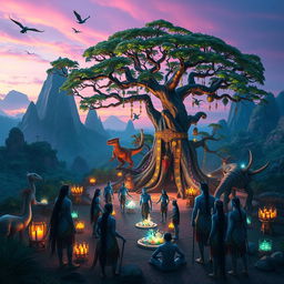 A high-fantasy sci-fi scene inspired by 'Avatar 3', showcasing the lush alien landscapes of Pandora, with floating mountains, vibrant bioluminescent flora, a large, majestic tree with glowing leaves, and various exotic creatures such as flying wildlife and large, dinosaur-like animals