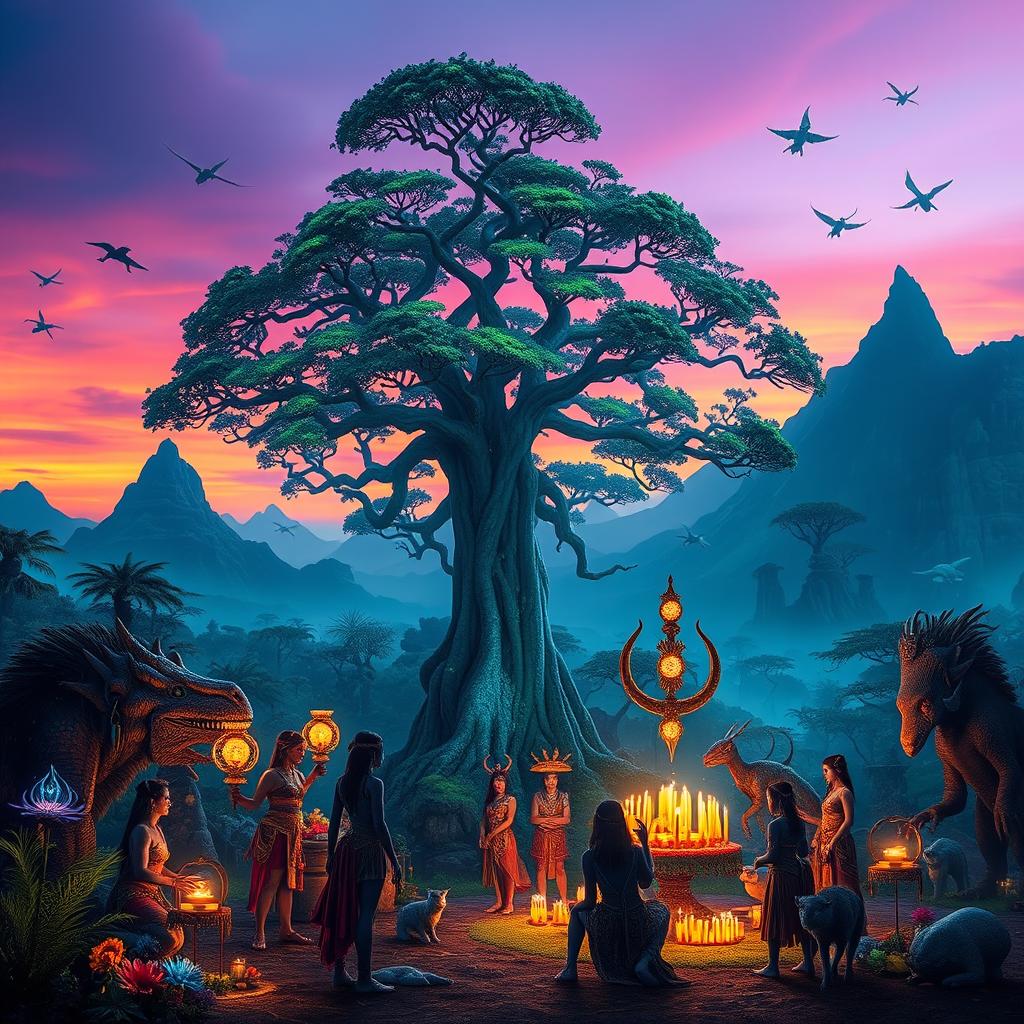 A high-fantasy sci-fi scene inspired by 'Avatar 3', showcasing the lush alien landscapes of Pandora, with floating mountains, vibrant bioluminescent flora, a large, majestic tree with glowing leaves, and various exotic creatures such as flying wildlife and large, dinosaur-like animals