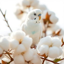 A beautiful white budgie with a little blue on its stomach perched gracefully among soft, fluffy cotton flowers