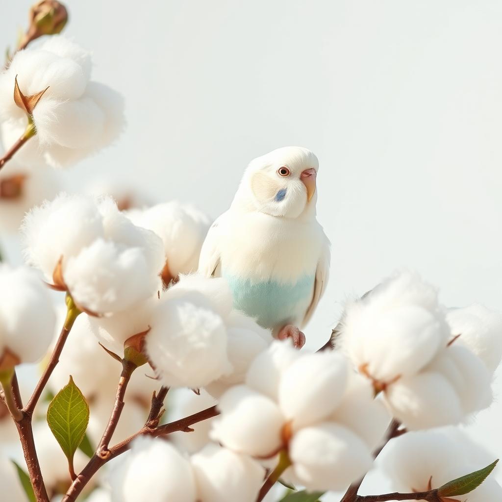 A beautiful white budgie with a little blue on its stomach perched gracefully among soft, fluffy cotton flowers