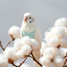 A beautiful white budgie with a little blue on its stomach perched gracefully among soft, fluffy cotton flowers