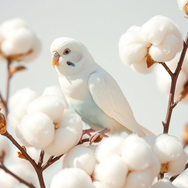 A beautiful white budgie with a little blue on its stomach perched gracefully among soft, fluffy cotton flowers