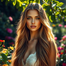 A mesmerizing portrait of a stunning woman with long, flowing hair cascading down her shoulders, exhibiting captivating and confident facial features