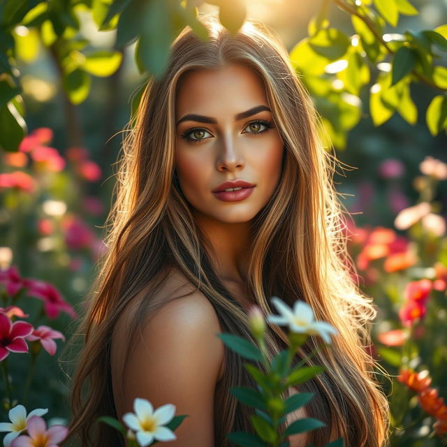 A mesmerizing portrait of a stunning woman with long, flowing hair cascading down her shoulders, exhibiting captivating and confident facial features