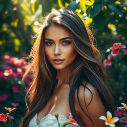 A mesmerizing portrait of a stunning woman with long, flowing hair cascading down her shoulders, exhibiting captivating and confident facial features