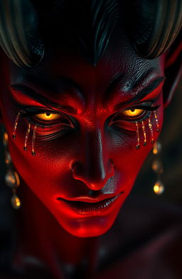 A close-up view of shimmering, ethereal tears falling from the eyes of a strikingly beautiful devil figure