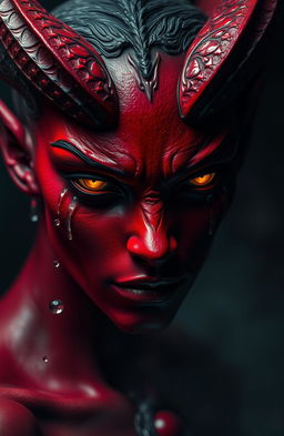A close-up view of shimmering, ethereal tears falling from the eyes of a strikingly beautiful devil figure