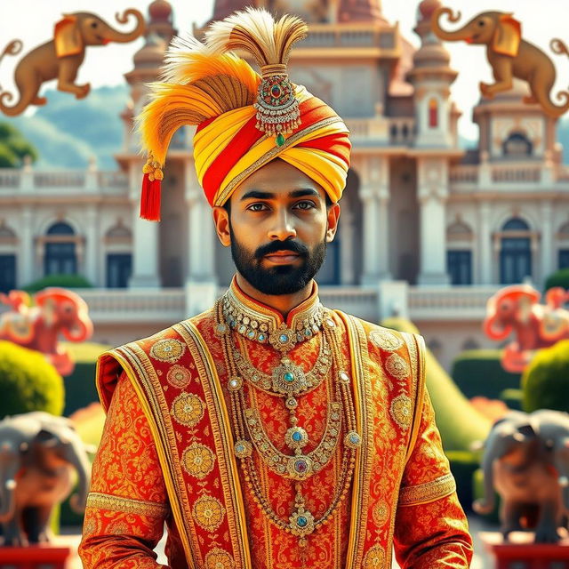 A majestic Maharaja standing in front of a grand palace, adorned in a richly detailed traditional outfit with vibrant red and gold colors