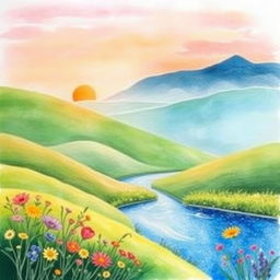 A beautiful watercolor painting depicting a serene landscape, featuring softly rolling hills in various shades of green, a gently flowing river with sparkling blue water, and vibrant wildflowers blooming along the banks