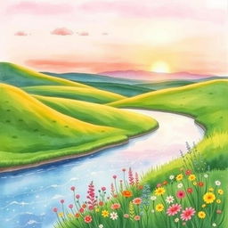 A beautiful watercolor painting depicting a serene landscape, featuring softly rolling hills in various shades of green, a gently flowing river with sparkling blue water, and vibrant wildflowers blooming along the banks