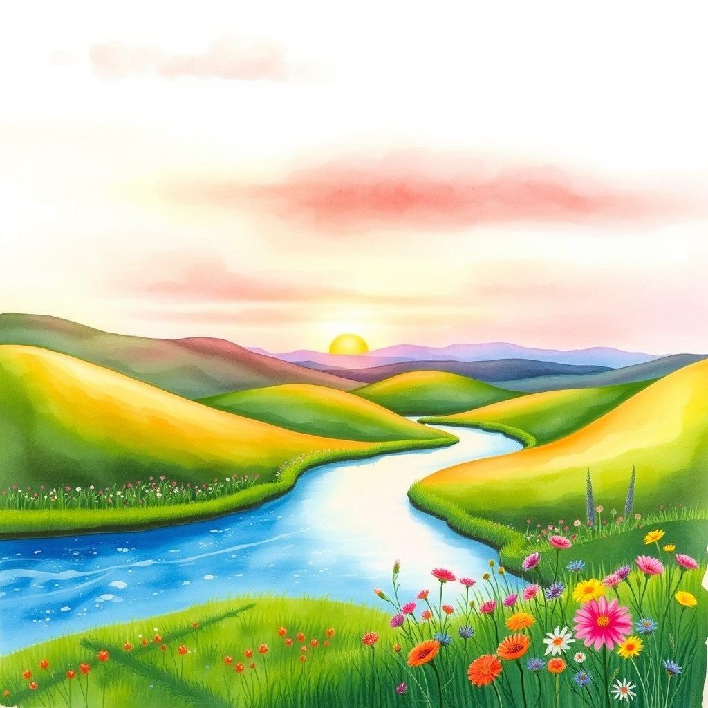 A beautiful watercolor painting depicting a serene landscape, featuring softly rolling hills in various shades of green, a gently flowing river with sparkling blue water, and vibrant wildflowers blooming along the banks