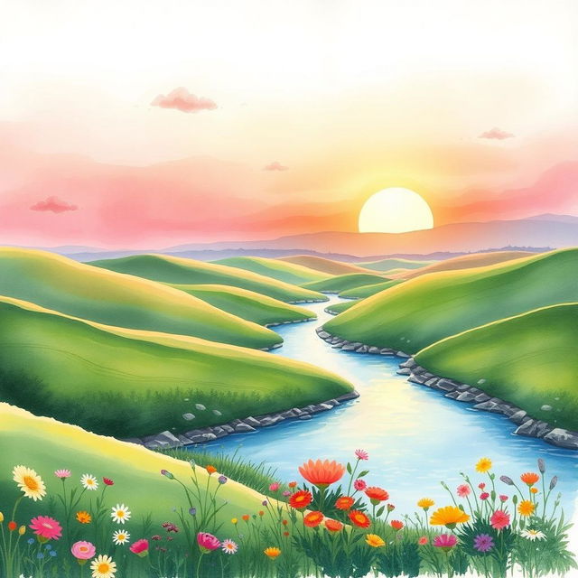 A beautiful watercolor painting depicting a serene landscape, featuring softly rolling hills in various shades of green, a gently flowing river with sparkling blue water, and vibrant wildflowers blooming along the banks