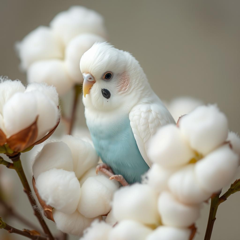 A beautiful budgie with white feathers, striking black eyes, and a hint of blue on its stomach, perched delicately among soft, fluffy cotton flowers in a gentle, serene setting