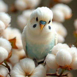 A beautiful budgie with white feathers, striking black eyes, and a hint of blue on its stomach, perched delicately among soft, fluffy cotton flowers in a gentle, serene setting
