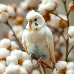 A beautiful budgie with white feathers, striking black eyes, and a hint of blue on its stomach, perched delicately among soft, fluffy cotton flowers in a gentle, serene setting