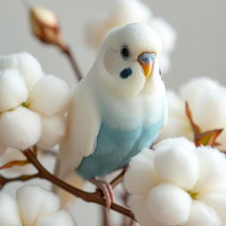 A beautiful budgie with white feathers, striking black eyes, and a hint of blue on its stomach, perched delicately among soft, fluffy cotton flowers in a gentle, serene setting