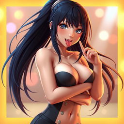 A hyper-realistic 3D rendering of Hanabi Hyuga from the Naruto series, shown in a playful and sexy pose