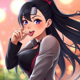 A hyper-realistic 3D rendering of Hanabi Hyuga from the Naruto series, shown in a playful and sexy pose