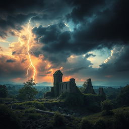 A powerful and dramatic landscape showing the destruction of a fictional city, representing a metaphorical interpretation of an ancient castle being overtaken by nature