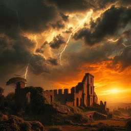 A powerful and dramatic landscape showing the destruction of a fictional city, representing a metaphorical interpretation of an ancient castle being overtaken by nature