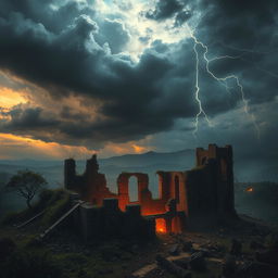 A powerful and dramatic landscape showing the destruction of a fictional city, representing a metaphorical interpretation of an ancient castle being overtaken by nature