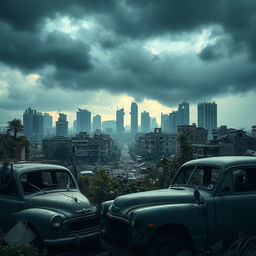 A dystopian scene depicting a destroyed cityscape of Tel Aviv, with crumbling buildings and debris scattered throughout the streets