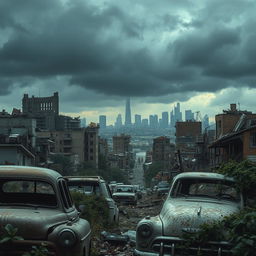A dystopian scene depicting a destroyed cityscape of Tel Aviv, with crumbling buildings and debris scattered throughout the streets