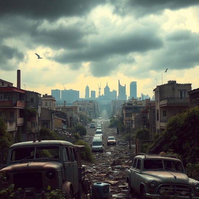 A dystopian scene depicting a destroyed cityscape of Tel Aviv, with crumbling buildings and debris scattered throughout the streets