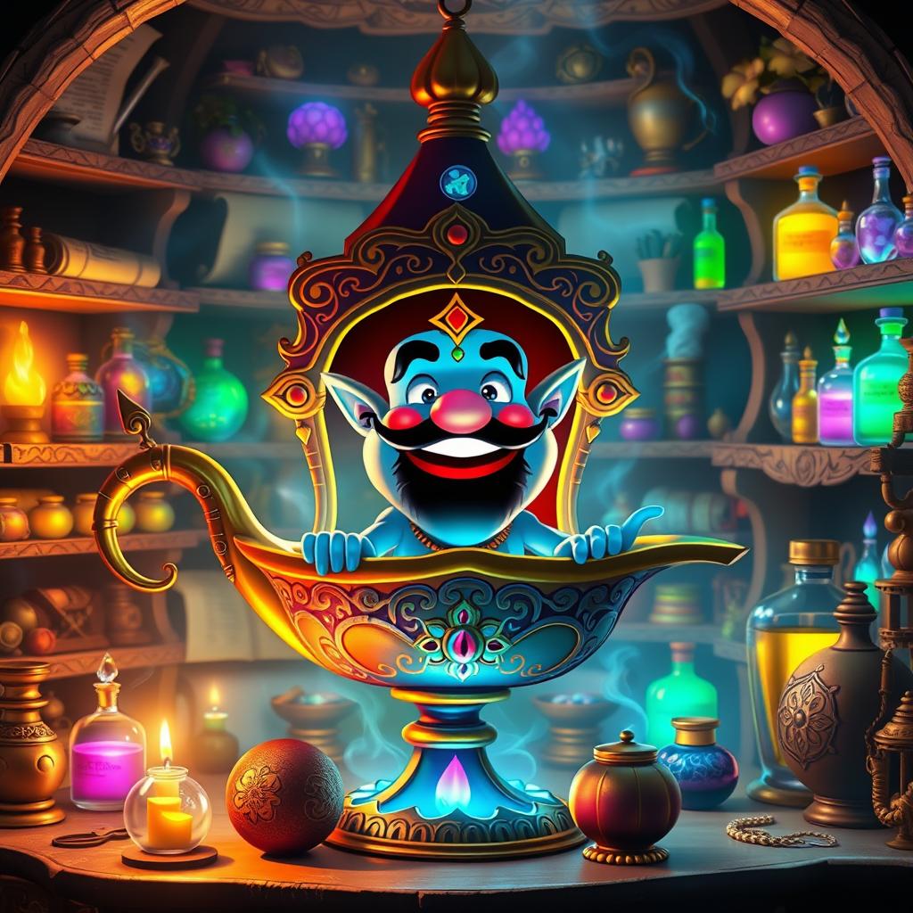 A scene featuring a whimsical genie emerging from a beautifully ornate lamp, surrounded by a magical storage space filled with vibrant and colorful artifacts, potions, and treasures