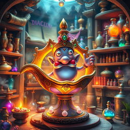 A scene featuring a whimsical genie emerging from a beautifully ornate lamp, surrounded by a magical storage space filled with vibrant and colorful artifacts, potions, and treasures
