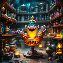 A scene featuring a whimsical genie emerging from a beautifully ornate lamp, surrounded by a magical storage space filled with vibrant and colorful artifacts, potions, and treasures