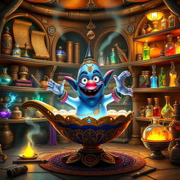 A scene featuring a whimsical genie emerging from a beautifully ornate lamp, surrounded by a magical storage space filled with vibrant and colorful artifacts, potions, and treasures