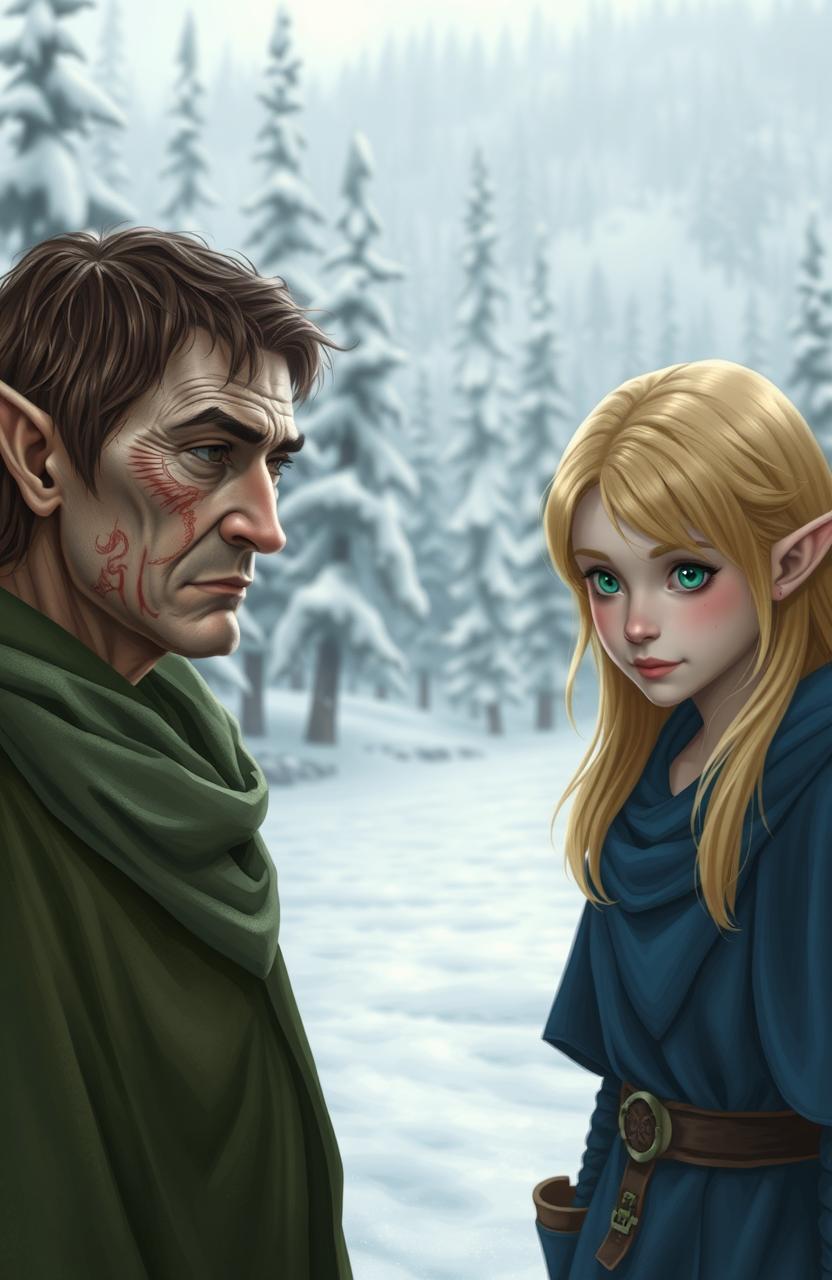 Three elves in a snowy landscape