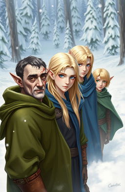 Three elves in a snowy landscape