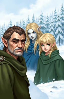 Three elves in a snowy landscape