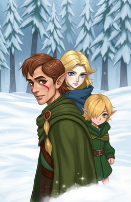 Three elves in a snowy landscape
