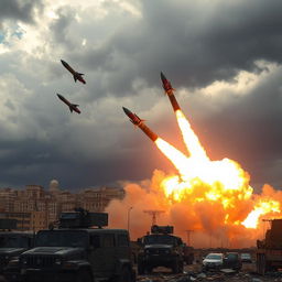 A dramatic scene depicting Iranian missiles striking an Israeli target in a fiery explosion