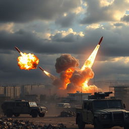 A dramatic scene depicting Iranian missiles striking an Israeli target in a fiery explosion