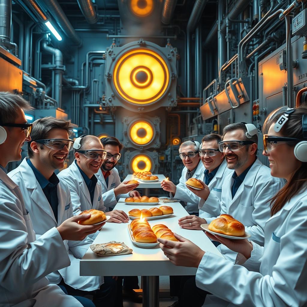 Scientists wearing lab coats and safety goggles enjoying pastries inside a large nuclear reactor facility
