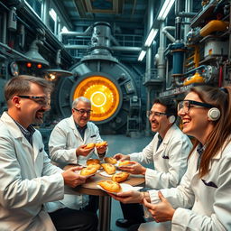 Scientists wearing lab coats and safety goggles enjoying pastries inside a large nuclear reactor facility