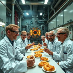 Scientists wearing lab coats and safety goggles enjoying pastries inside a large nuclear reactor facility