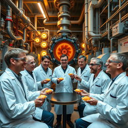 Scientists wearing lab coats and safety goggles enjoying pastries inside a large nuclear reactor facility