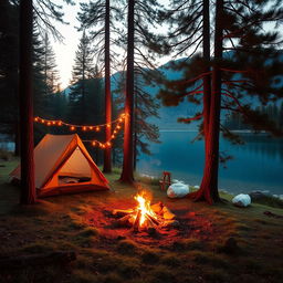 A serene camping scene in a lush forest setting during the golden hour, with a warm glow illuminating the trees